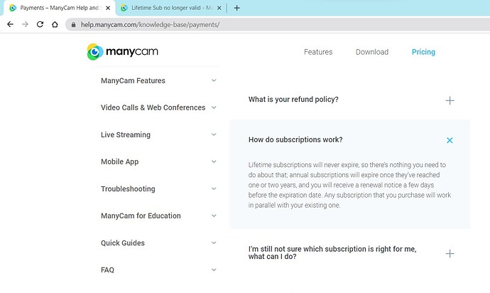 Lifetime ManyCam FAQ